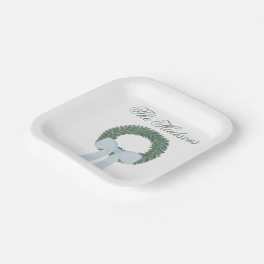 Waterverf Blue Gingham Sash krans Papieren Bordje (Gebogen)