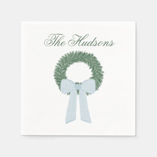 Waterverf Blue Gingham Sash krans Servet (Voorkant)