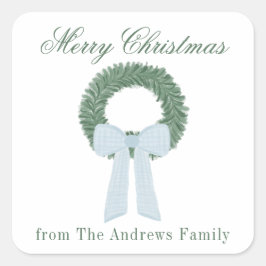 Waterverf Blue Gingham Sash krans Vierkante Sticker