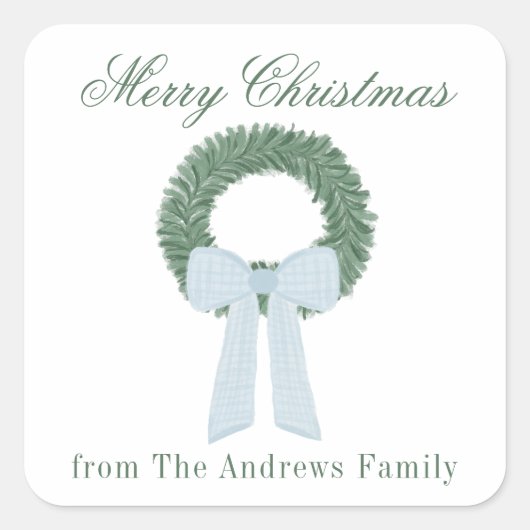 Waterverf Blue Gingham Sash krans Vierkante Sticker (Voorkant)