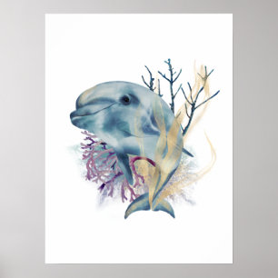 Waterverf Blue & Gold Dolphin Wall Art Poster