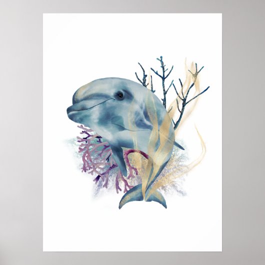 Waterverf Blue & Gold Dolphin Wall Art Poster (Voorkant)