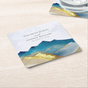 Waterverf Blue Gold Foil Mountain buitenshuis brui Kartonnen Onderzetters