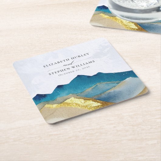 Waterverf Blue Gold Foil Mountain buitenshuis brui Kartonnen Onderzetters (Schuin)