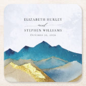 Waterverf Blue Gold Foil Mountain buitenshuis brui Kartonnen Onderzetters (Voorkant)