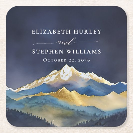 Waterverf Blue Gold Foil Mountain buitenshuis brui Kartonnen Onderzetters (Voorkant)