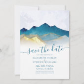 Waterverf Blue Gold Foil Mountain buitenshuis brui Save The Date (Voorkant)