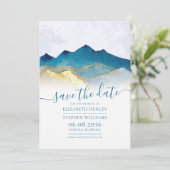 Waterverf Blue Gold Foil Mountain buitenshuis brui Save The Date (Staand voorkant)