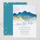 Waterverf Blue Gold Foil Mountain buitenshuis brui Save The Date (Voorkant / Achterkant)