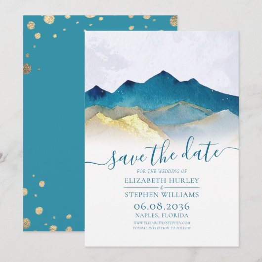 Waterverf Blue Gold Foil Mountain buitenshuis brui Save The Date (Voorkant / Achterkant)