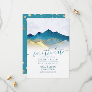 Waterverf Blue Gold Foil Mountain buitenshuis brui Save The Date