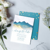 Waterverf Blue Gold Foil Mountain buitenshuis brui Save The Date