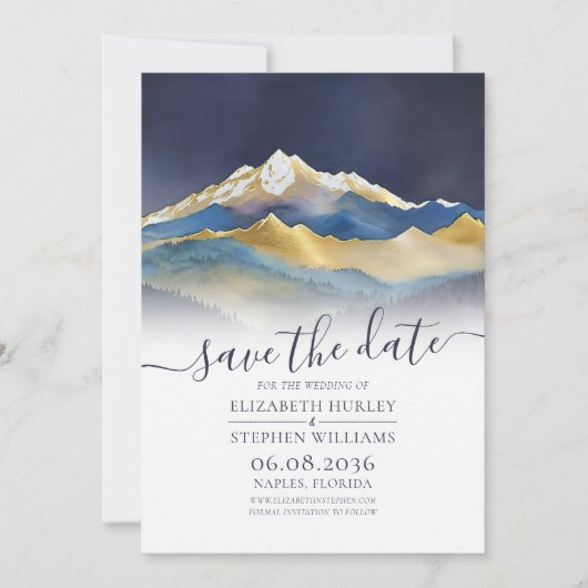 Waterverf Blue Gold Foil Mountain buitenshuis brui Save The Date (Voorkant)