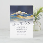Waterverf Blue Gold Foil Mountain buitenshuis brui Save The Date (Staand voorkant)