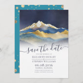 Waterverf Blue Gold Foil Mountain buitenshuis brui Save The Date (Voorkant / Achterkant)