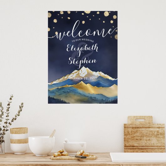 Waterverf Blue Gold Foil Mountain Weddenschap Welk Poster (Keuken)