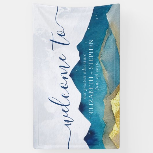 Waterverf Blue Gold Foil Mountain Weddenschap Welk Spandoek (Verticaal)