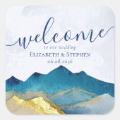 Waterverf Blue Gold Foil Mountain Weddenschap Welk Vierkante Sticker (Voorkant)