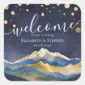 Waterverf Blue Gold Foil Mountain Weddenschap Welk Vierkante Sticker (Voorkant)