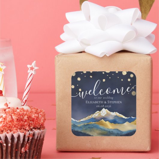 Waterverf Blue Gold Foil Mountain Weddenschap Welk Vierkante Sticker (Feest)