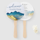 Waterverf Blue Gold Foil Mountain Wedding Program Handwaaier (Voorkant en achterkant)