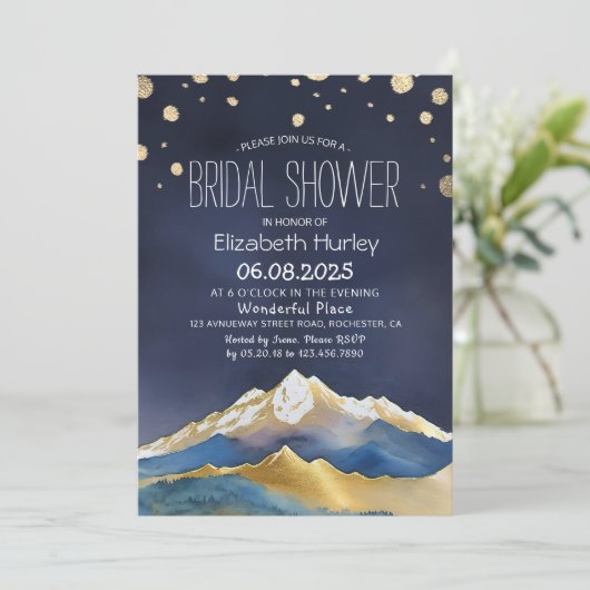 Waterverf Blue Gold Foil Mountains Vrijgezellenfee Kaart (Staand voorkant)