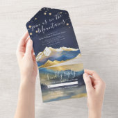 Waterverf Blue Gold Foil Mountains Weddenschap RSV All In One Uitnodiging (Afscheurbaar)