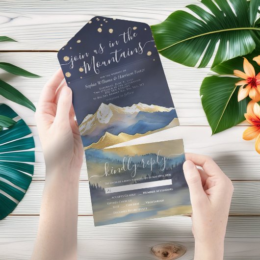 Waterverf Blue Gold Foil Mountains Weddenschap RSV All In One Uitnodiging