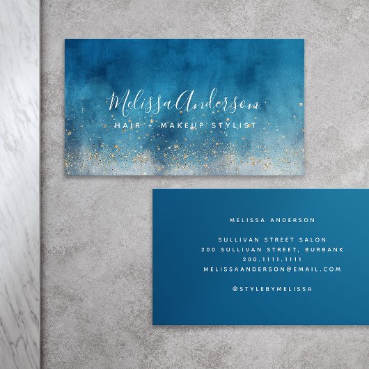 Waterverf Blue Gold Glitter Calligrafie Visitekaartje