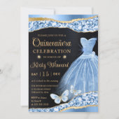 Waterverf Blue & Gold Glitter Dress Quinceanera Kaart (Voorkant)