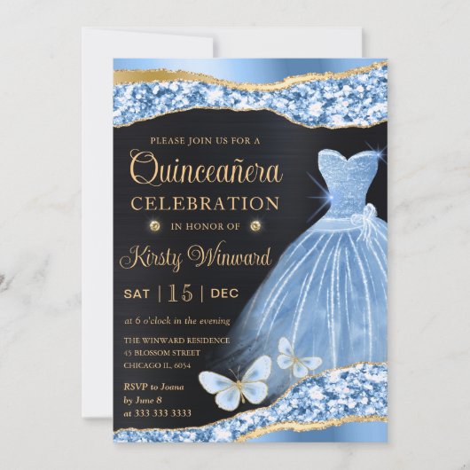 Waterverf Blue & Gold Glitter Dress Quinceanera Kaart (Voorkant)