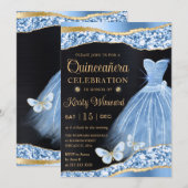 Waterverf Blue & Gold Glitter Dress Quinceanera Kaart (Voorkant / Achterkant)
