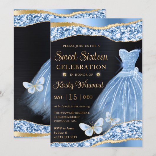 Waterverf Blue & Gold Glitter Dress Sweet Sixteen Kaart (Voorkant / Achterkant)