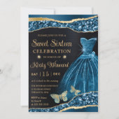 Waterverf Blue & Gold Glitter Dress Sweet Sixteen Kaart (Voorkant)