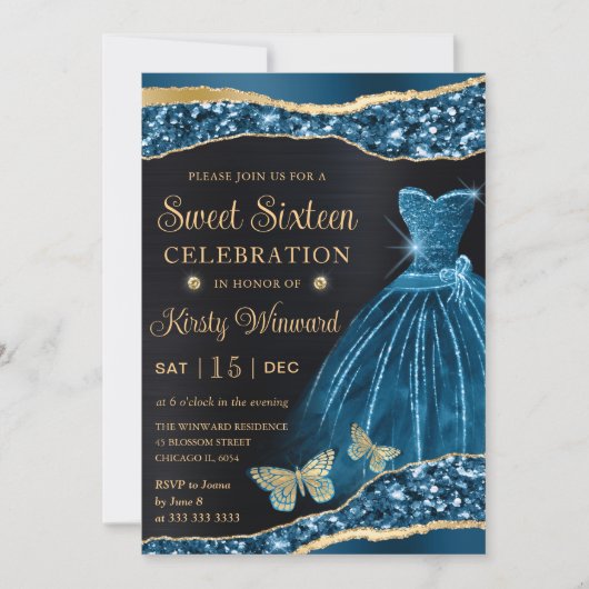 Waterverf Blue & Gold Glitter Dress Sweet Sixteen Kaart (Voorkant)