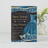 Waterverf Blue & Gold Glitter Dress Sweet Sixteen Kaart (Staand voorkant)