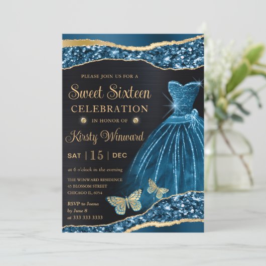 Waterverf Blue & Gold Glitter Dress Sweet Sixteen Kaart (Staand voorkant)