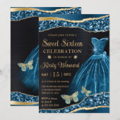 Waterverf Blue & Gold Glitter Dress Sweet Sixteen Kaart (Voorkant / Achterkant)