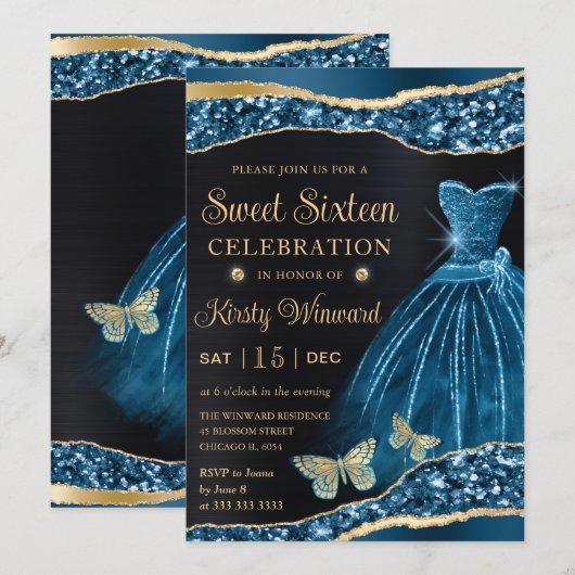 Waterverf Blue & Gold Glitter Dress Sweet Sixteen Kaart (Voorkant / Achterkant)