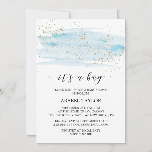 Waterverf Blue & Gold Het is een Baby shower van e Kaart (Voorkant)