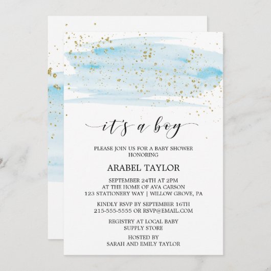 Waterverf Blue & Gold Het is een Boy Baby shower H Kaart (Voorkant / Achterkant)