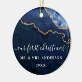 Waterverf Blue Gold Marble Agate Geode Wedding Keramisch Ornament (Links)