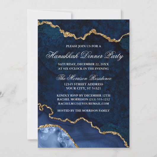 Waterverf Blue Gold Marble Geode Hanukkah Dinner Kaart (Voorkant)
