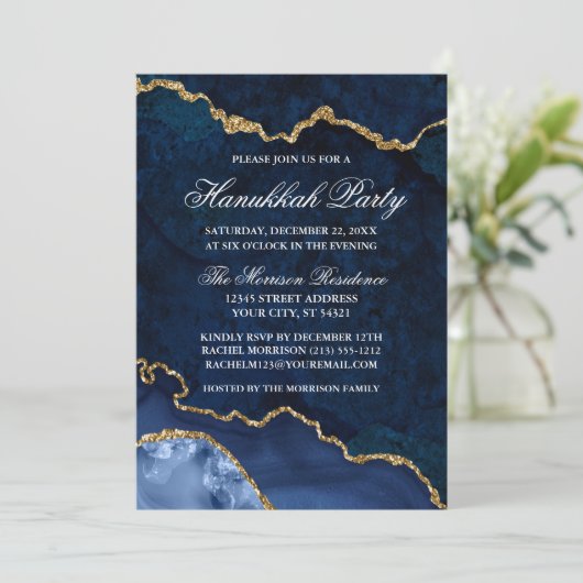 Waterverf Blue Gold Marble Geode Hanukkah Party Kaart (Staand voorkant)