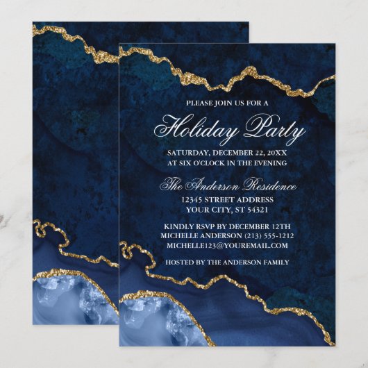 Waterverf Blue Gold Marble Geode Holiday Party Kaart (Voorkant / Achterkant)
