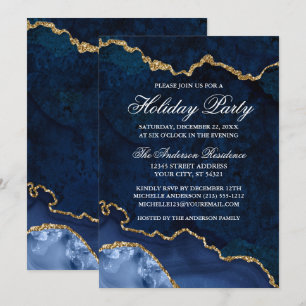 Waterverf Blue Gold Marble Geode Holiday Party Kaart