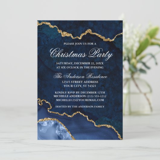 Waterverf Blue Gold Marble Geode Kerstfeest Kaart (Staand voorkant)