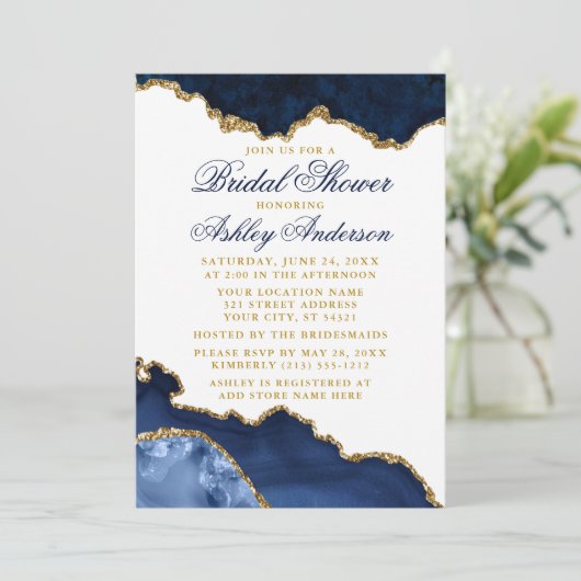 Waterverf Blue Gold Marble Geode Vrijgezellenfeest Kaart (Staand voorkant)