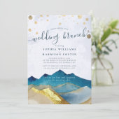 Waterverf Blue Gold Mountain Foto Wedding Brunch Kaart (Staand voorkant)