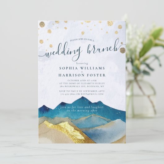 Waterverf Blue Gold Mountain Foto Wedding Brunch Kaart (Staand voorkant)